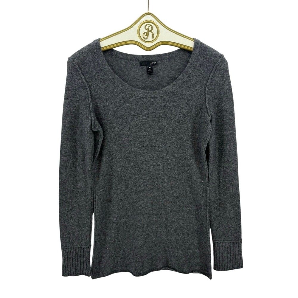 AQUA Cashmere Sweater Women's MEDIUM Gray Long Sleeve Scoop Neck Winter